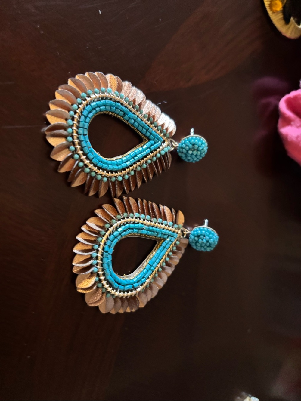 Handcrafted Southwest Teardrop Dangle Earrings with Turquoise Beaded Detail - Picture 6 of 6